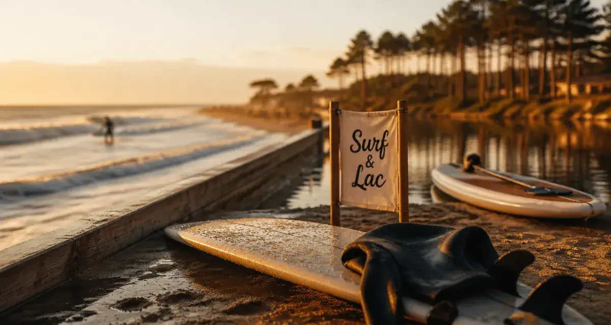 Activité lacanau : surf sur l’océan et lac calme à Golden hour