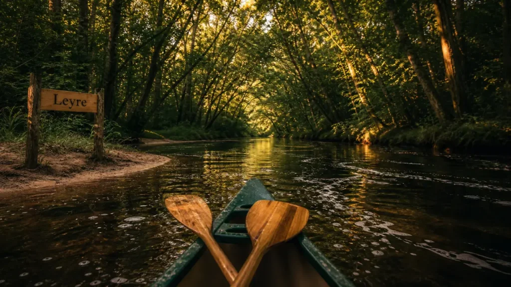 Canoë Gironde sur la Leyre sauvage, pagaies et lumière au coucher du soleil