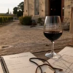 Chateau medoc : carnet et plan de dégustation devant un chai viticole
