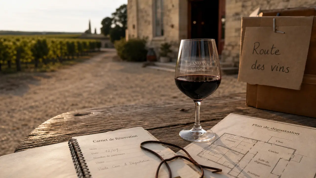 Chateau medoc : carnet et plan de dégustation devant un chai viticole