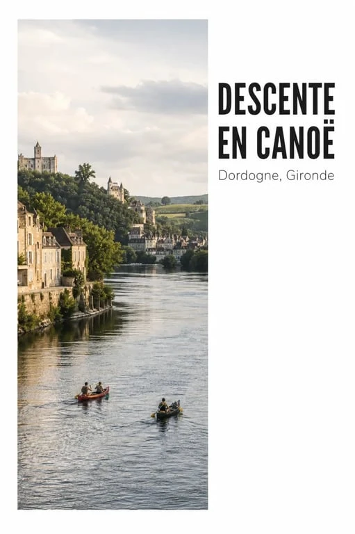 Canoe gironde sur la Dordogne avec villages et châteaux au loin