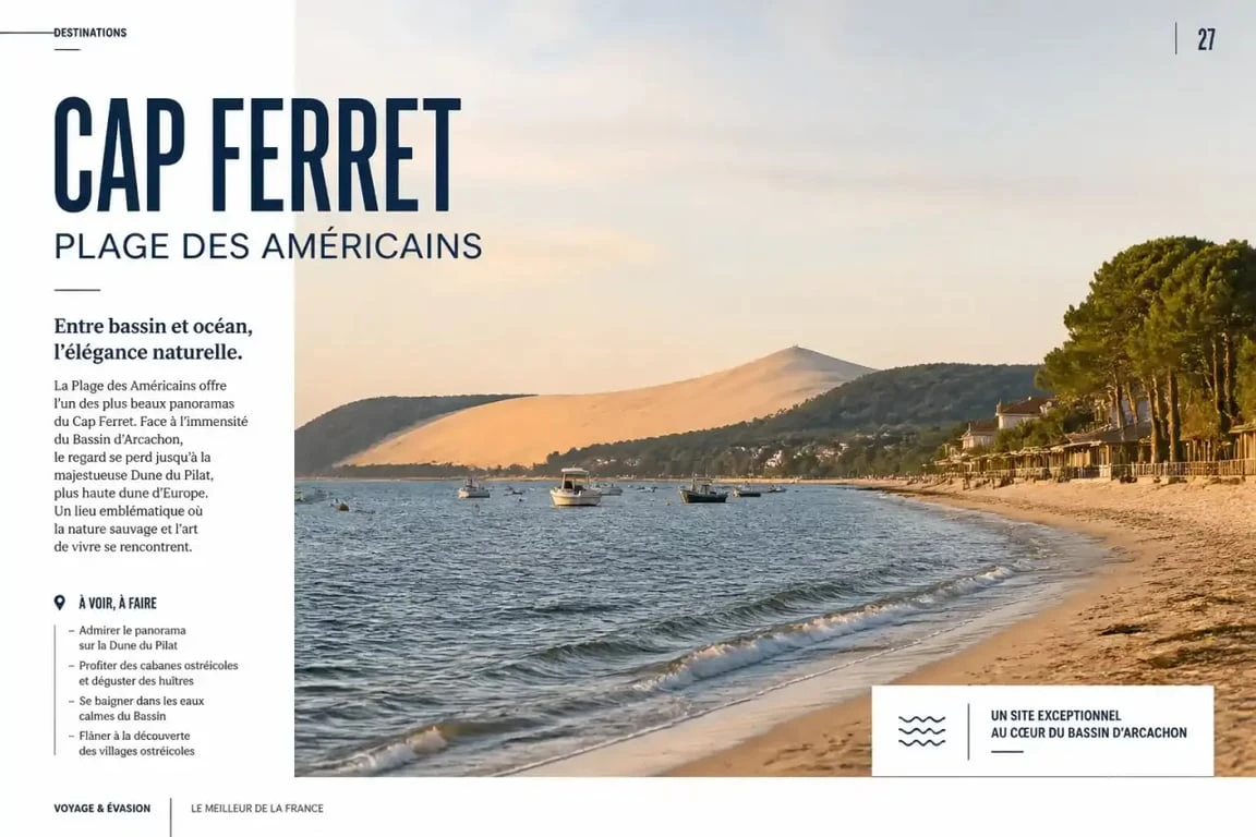 Vue panoramique de la Plage des Américains au Cap Ferret avec la Dune du Pilat en fond