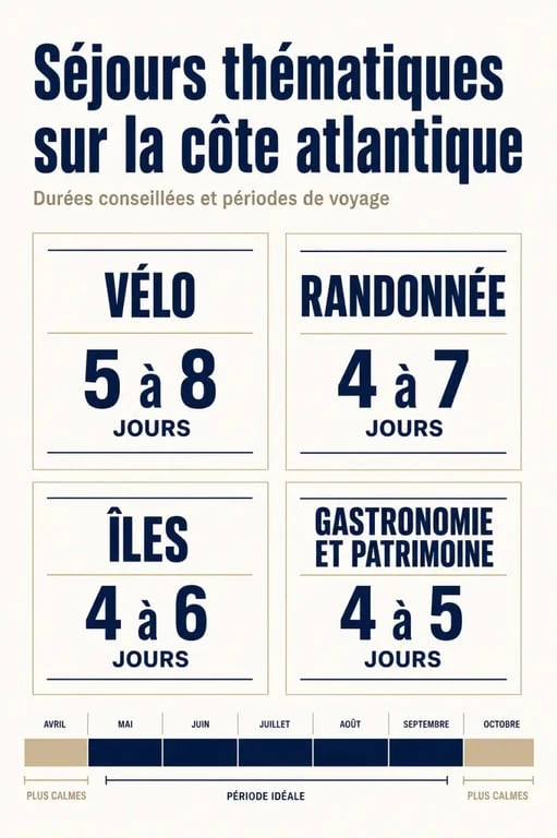 Tableau visuel des séjours thématiques côte atlantique par thème, durée et période conseillée