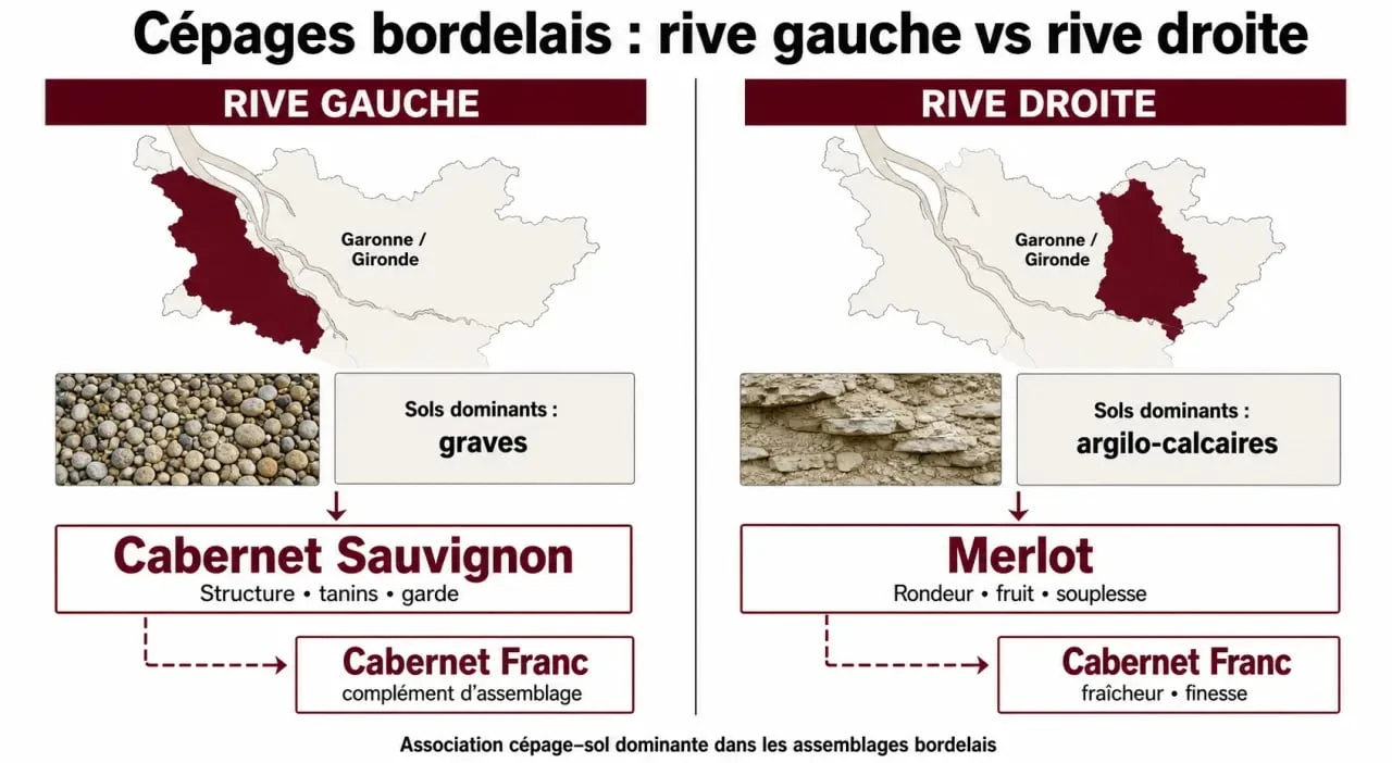 Cépage bordelais : rive gauche, rive droite et cépages dominants