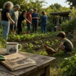 Ferme éco-citoyenne de la Bouzigue : table dehors près du potager, atelier et jardin partagé