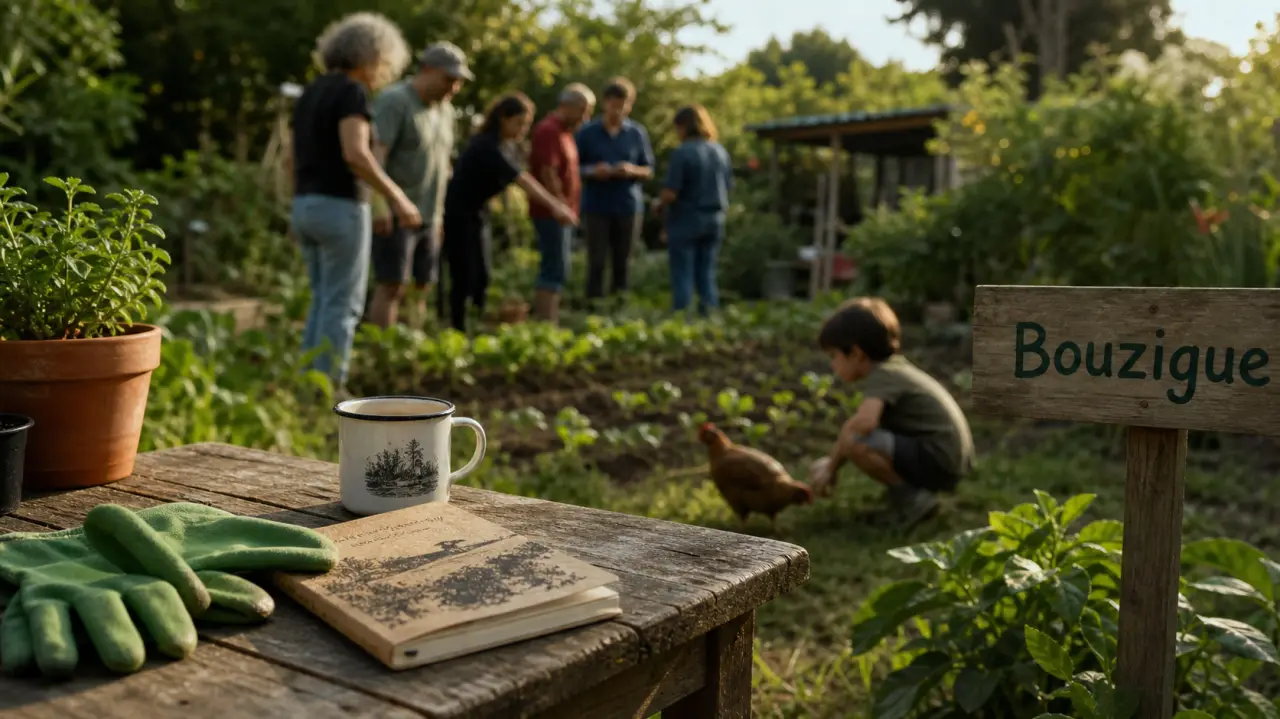 Ferme éco-citoyenne de la Bouzigue : table dehors près du potager, atelier et jardin partagé