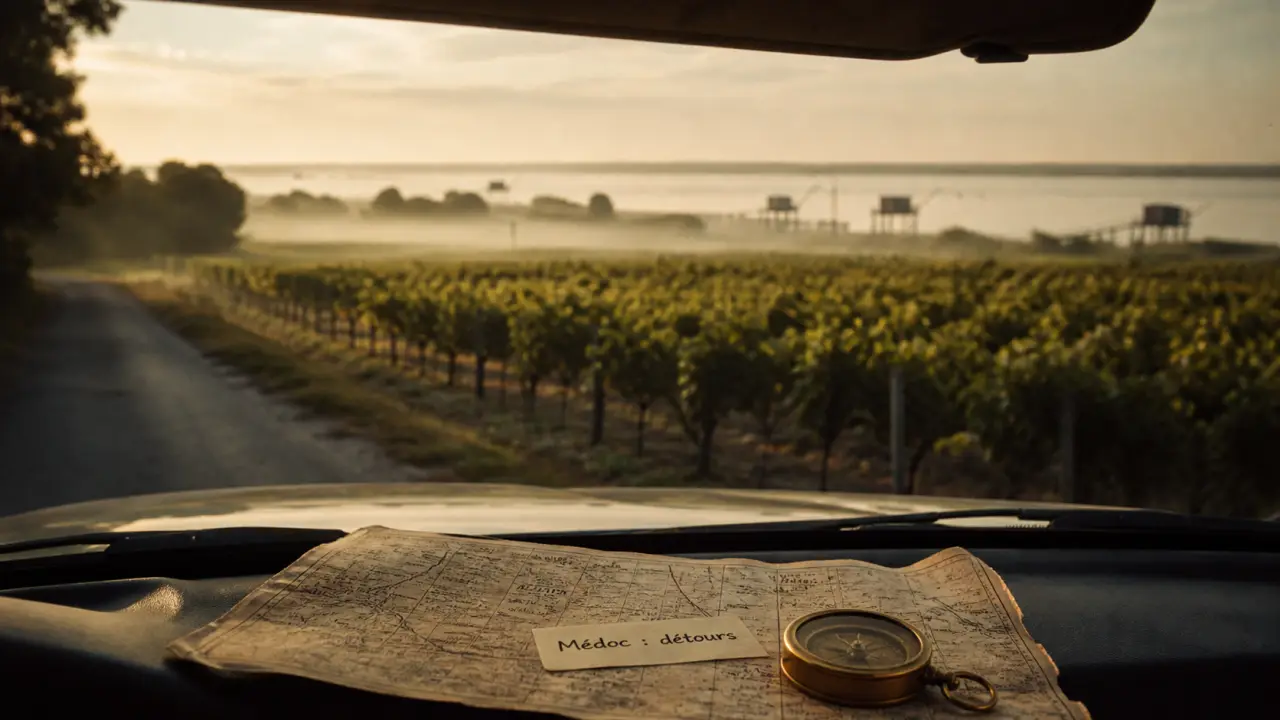 Guide médoc : vignes du Médoc et estuaire, cabernet et carrelets.