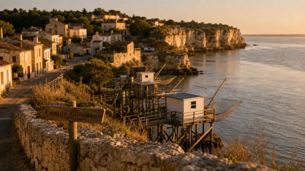 Les plus beaux villages de l'estuaire de la Gironde : falaises et carrelets au port, estuaire de la Gironde