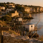 Les plus beaux villages de l'estuaire de la Gironde : falaises et carrelets au port, estuaire de la Gironde