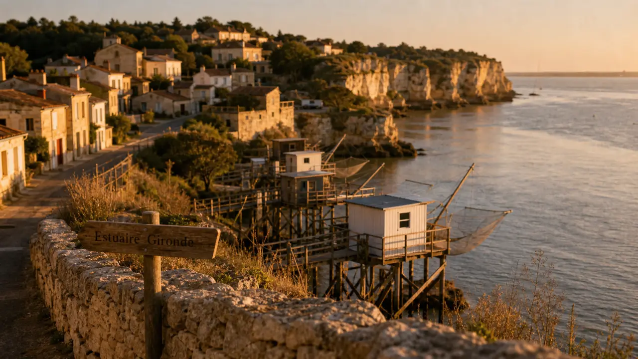 Les plus beaux villages de l'estuaire de la Gironde : falaises et carrelets au port, estuaire de la Gironde