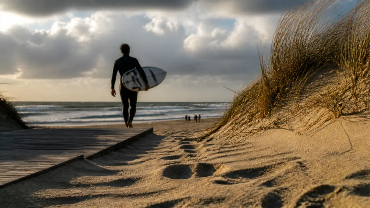 Plage de l'horizon cap ferret : accès dune en caillebotis vers sable et surf