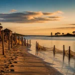 Plage de la pointe aux chevaux, vue sur l’île aux Oiseaux et sable au coucher du soleil