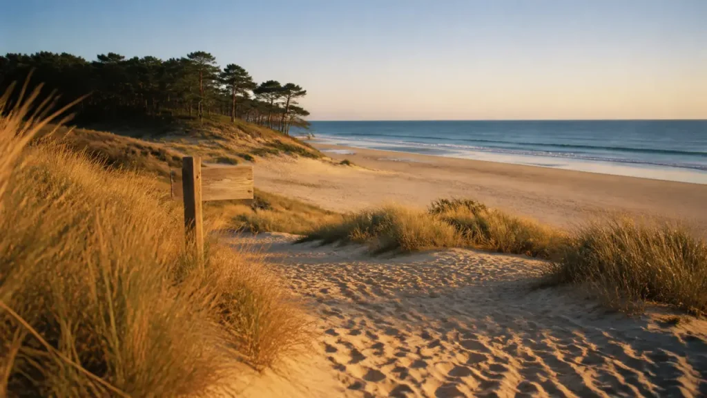 Plage du vivier à Biscarrosse : sentier sablonneux vers la dune et l’Atlantique