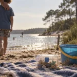 Activités médoc enfant : serviette et seau sur la plage du lac près d’Hourtin