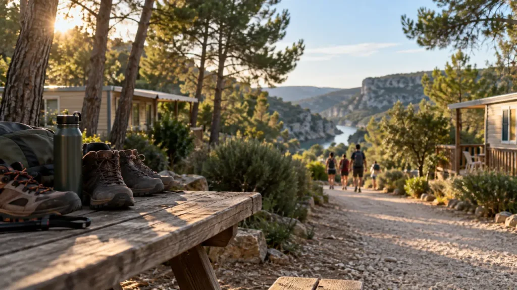 Camping Verdon Les Grands Domaines : allée gravier vers les Basses Gorges, pins et mobil-homes