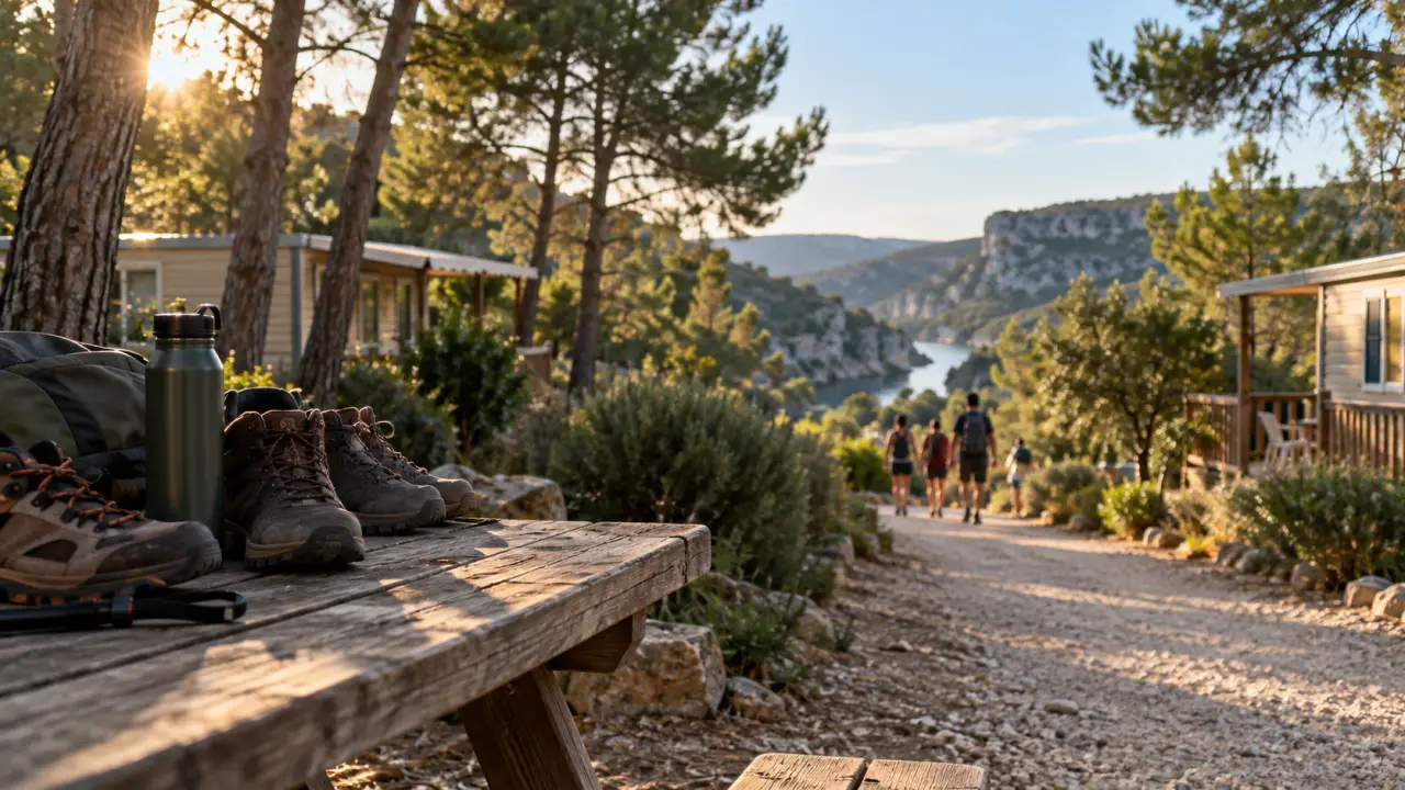 Camping Verdon Les Grands Domaines : allée gravier vers les Basses Gorges, pins et mobil-homes