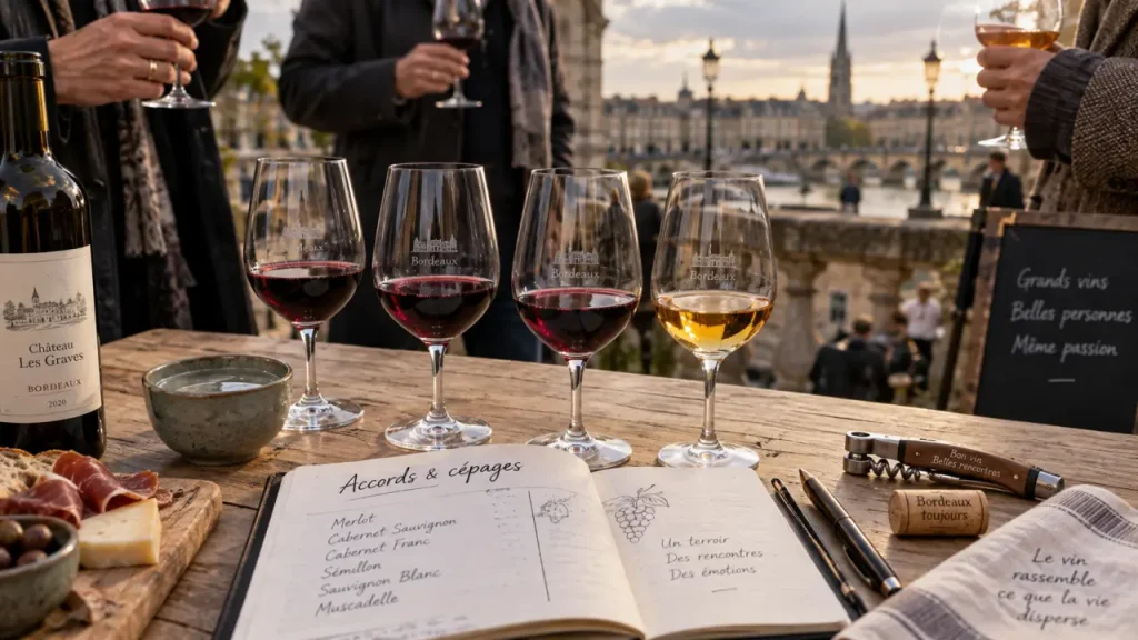 Cours oenologie Bordeaux : carnet de dégustation, verres de vin et tire-bouchon