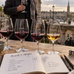 Cours oenologie Bordeaux : carnet de dégustation, verres de vin et tire-bouchon