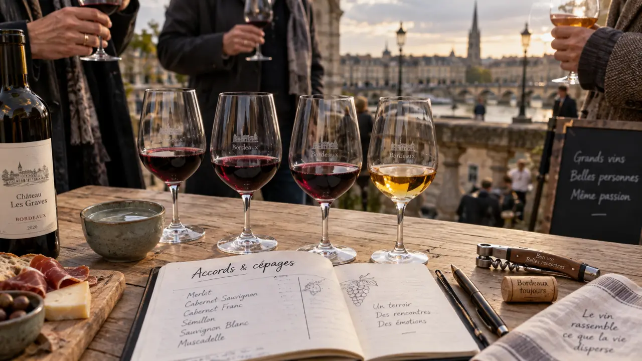 Cours oenologie Bordeaux : carnet de dégustation, verres de vin et tire-bouchon