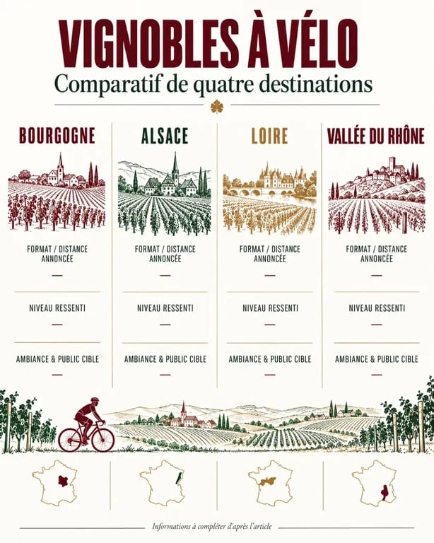 Infographie comparative pour un voyage vélo grands vins en Bourgogne, Alsace, Loire et vallée du Rhône