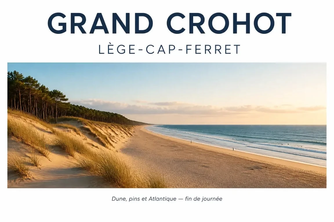 Plage grand crohot à Lège-Cap-Ferret, vue panoramique sur l’océan, la dune et la forêt de pins