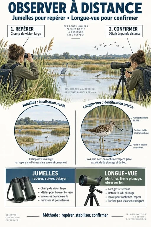 Infographie sur la longue-vue d’ornithologie et la complémentarité avec les jumelles