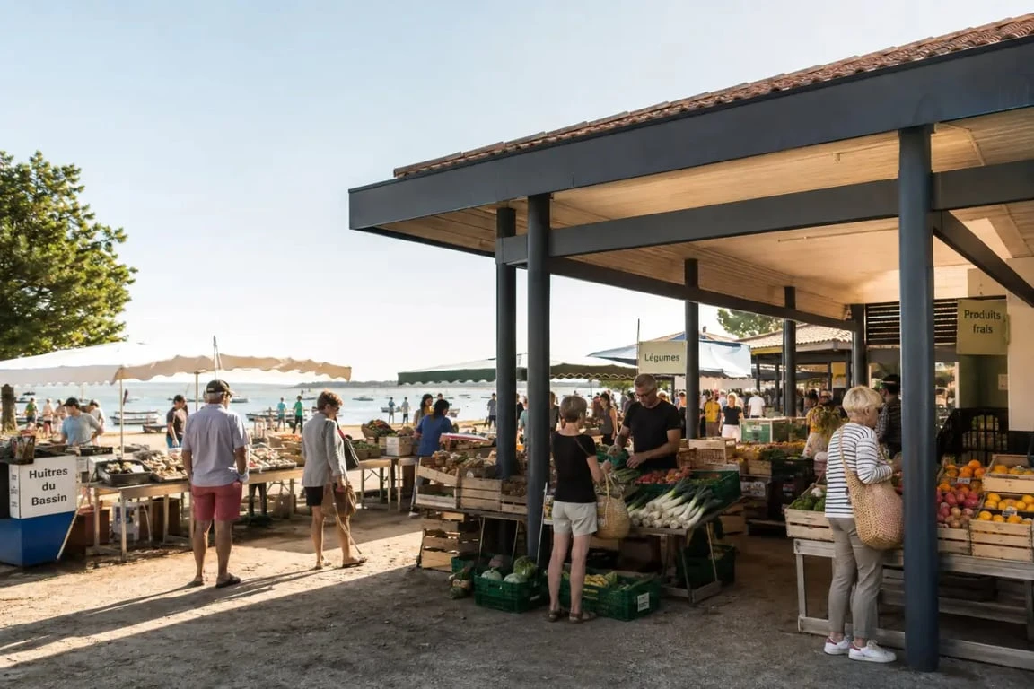 Marché Claouey en matinée avec halle couverte et stands extérieurs