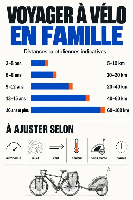 Infographie des distances quotidiennes pour un voyage à vélo en famille selon l’âge des enfants