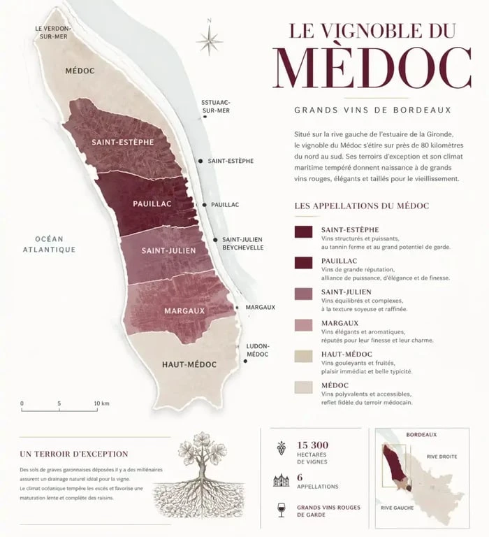 Carte détaillée des appellations des vins du Médoc pour préparer votre visite.