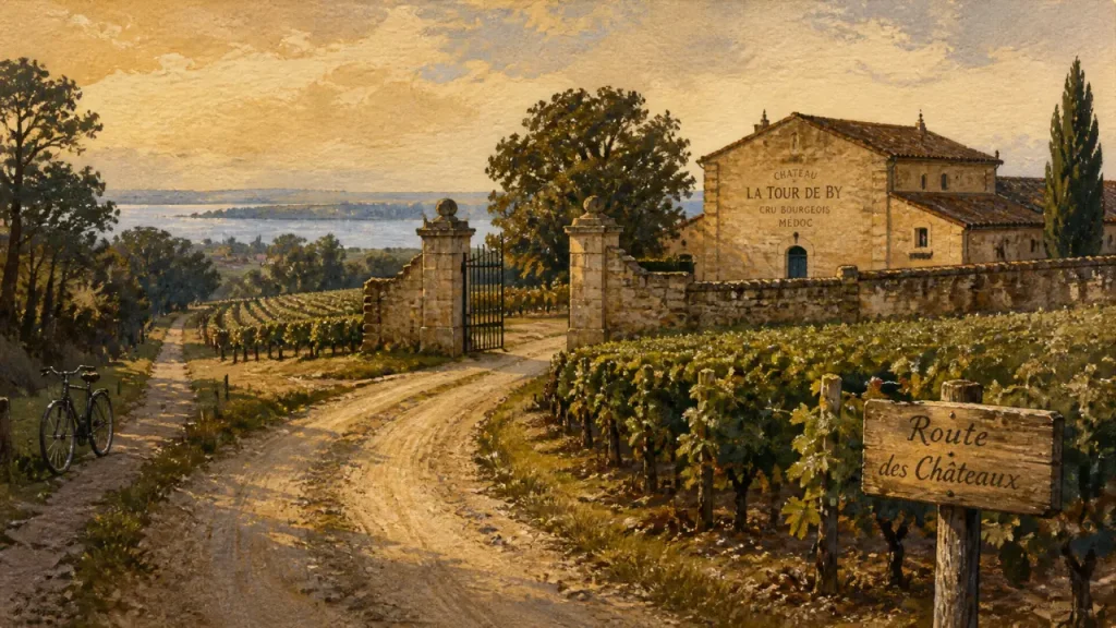 Guide medoc : route du Médoc bordée de vignes, estuaire et océan