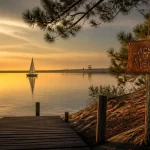Lacs du médoc : jetée vers le lac d’Hourtin-Carcans ou Lacanau, coucher de soleil