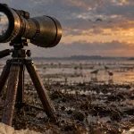 Longue vue ornithologie sur trépied, vasière et héron au loin