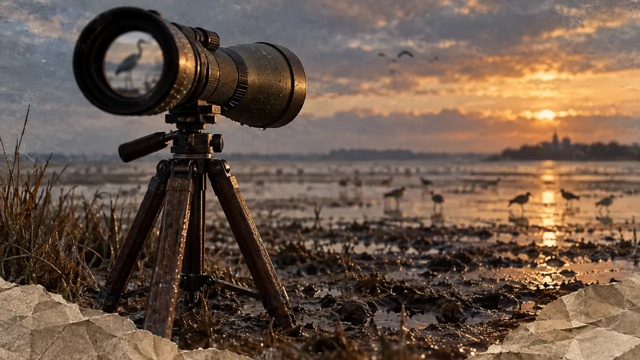 Longue vue ornithologie sur trépied, vasière et héron au loin