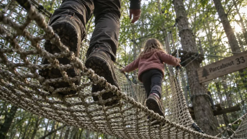 Parcabout 33 à Mios : adultes et enfant sur les filets géants