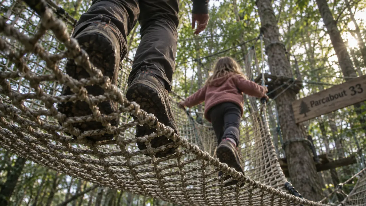 Parcabout 33 à Mios : adultes et enfant sur les filets géants