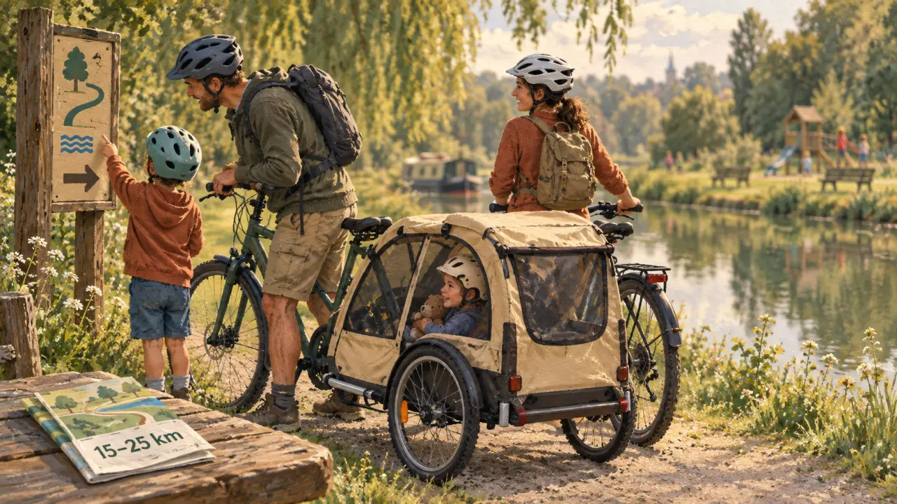 Voyage à vélo en famille : 15–25 km par jour, famille sur voie verte
