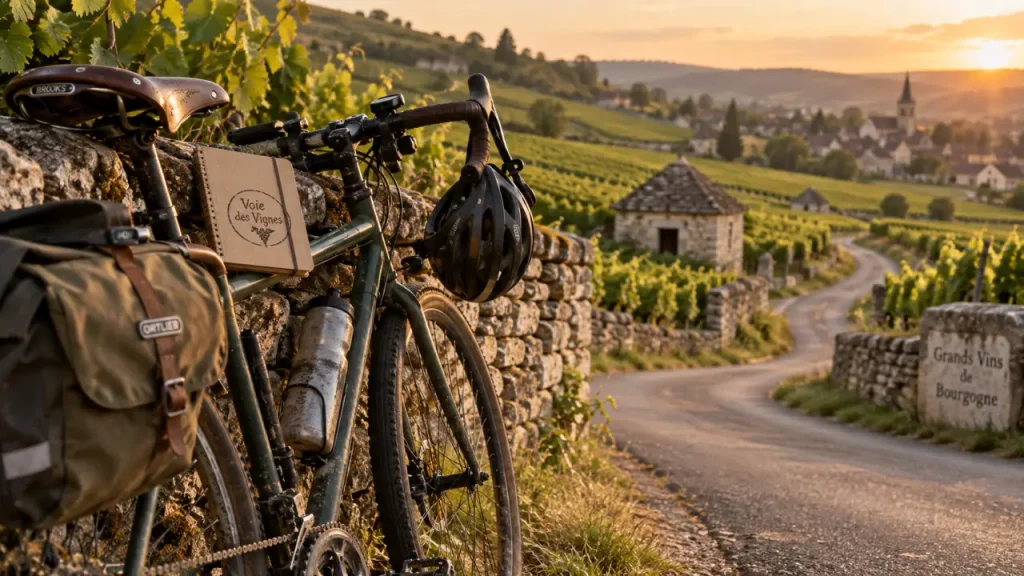 Voyage vélo grands vins en Bourgogne : vélo contre muret, vignes au loin
