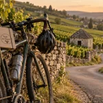 Voyage vélo grands vins en Bourgogne : vélo contre muret, vignes au loin