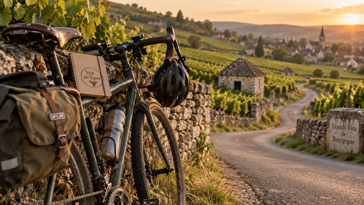 Voyage vélo grands vins en Bourgogne : vélo contre muret, vignes au loin