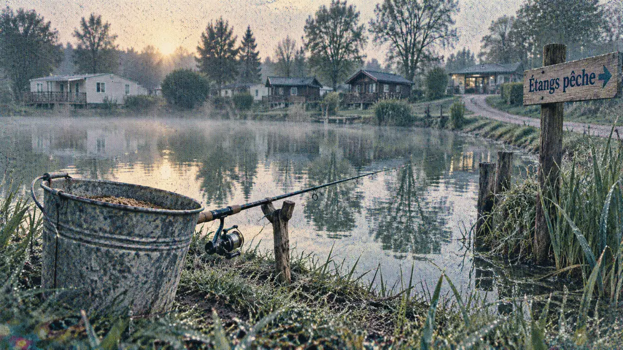 Camping les etangs du plateau des landes : seau d’amorçage et canne au bord de l’étang