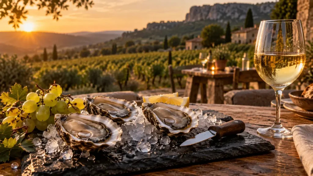 L'huître et la vigne : huîtres, raisin et vin blanc au golden hour