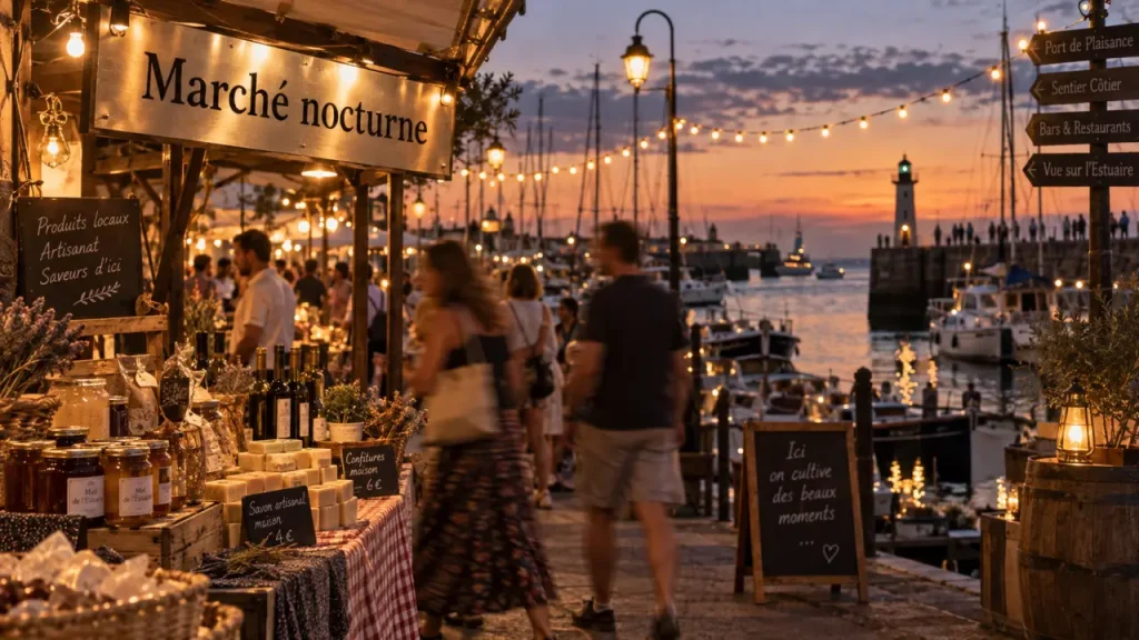 Marché nocturne port médoc : quais et étals au bord de l’estuaire, golden hour