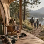 Vacances famille nature : tente lodge, terrasse bois, famille vers le lac