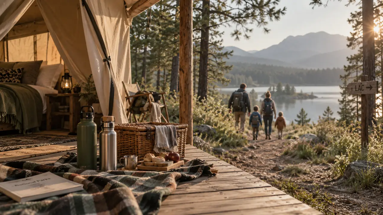 Vacances famille nature : tente lodge, terrasse bois, famille vers le lac
