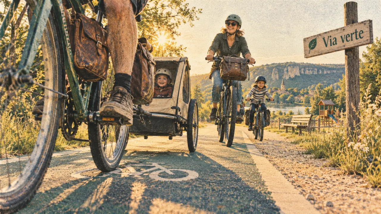 Vacances à vélo en famille sur une voie verte sécurisée