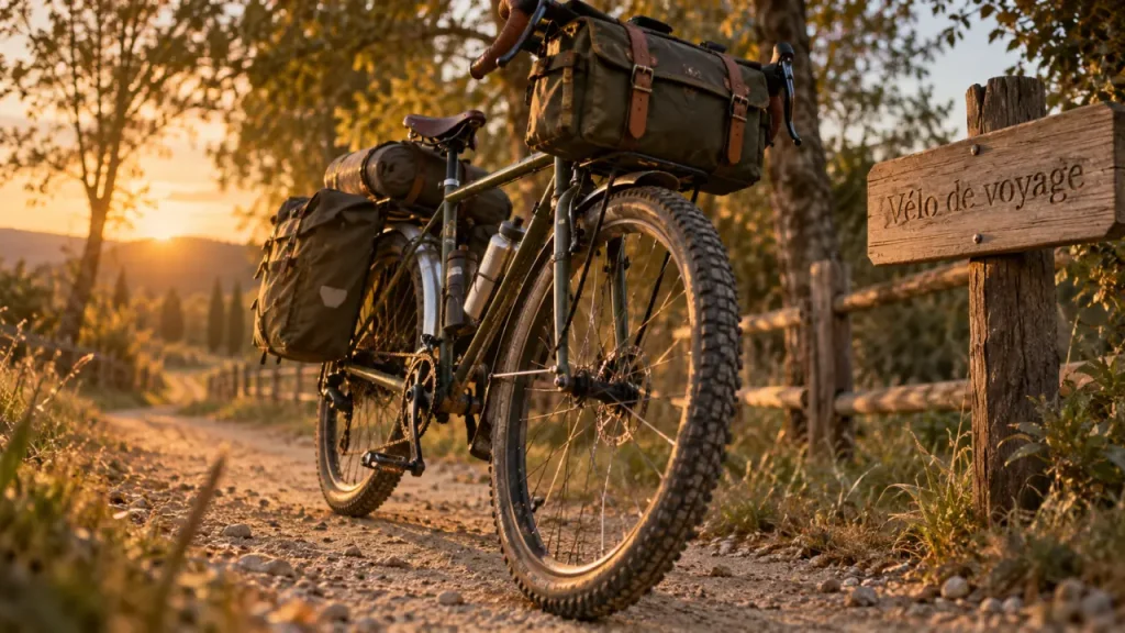 Vélo de voyage chargé en trekking, pneus et sacoches visibles