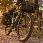 Vélo de voyage chargé en trekking, pneus et sacoches visibles