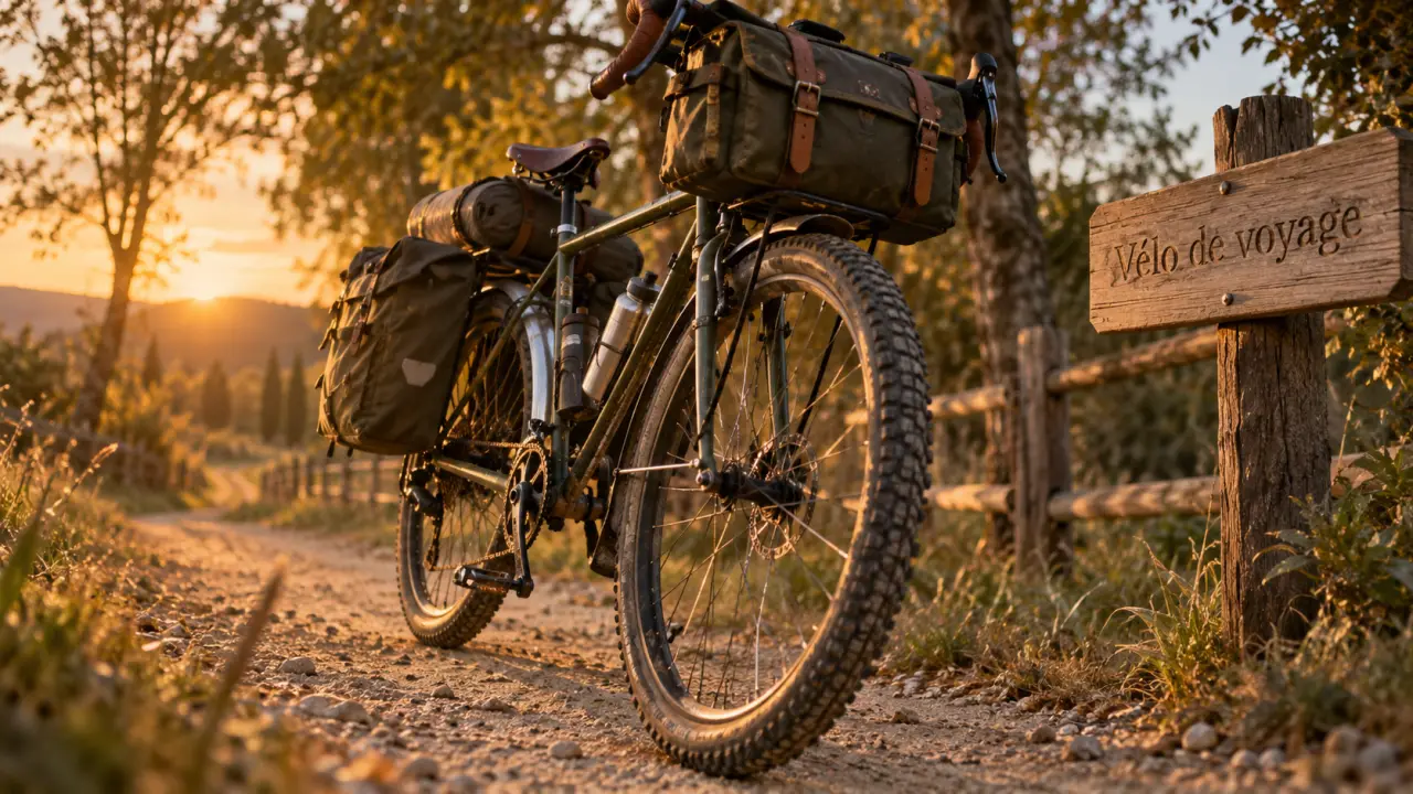 Vélo de voyage chargé en trekking, pneus et sacoches visibles